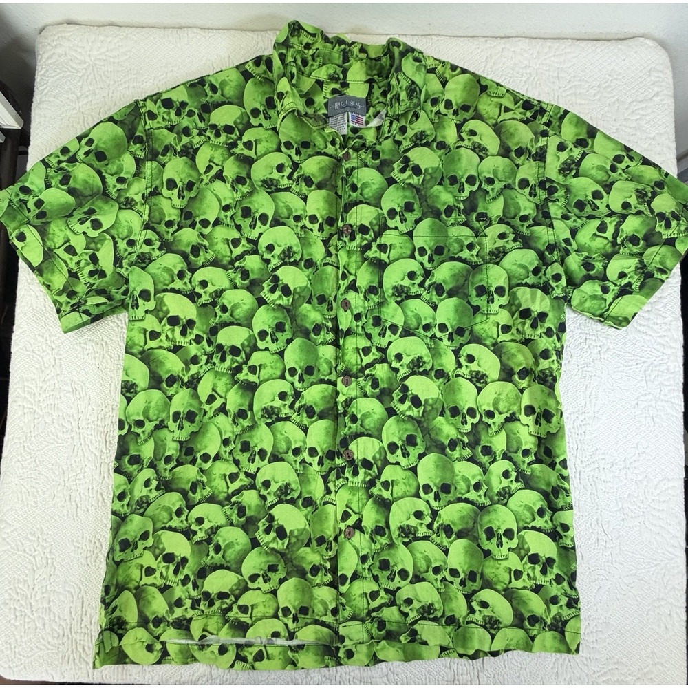 High Seas Trading Co. Shirt Mens L Green Skull Halloween Scary‎ Hawaiian USA